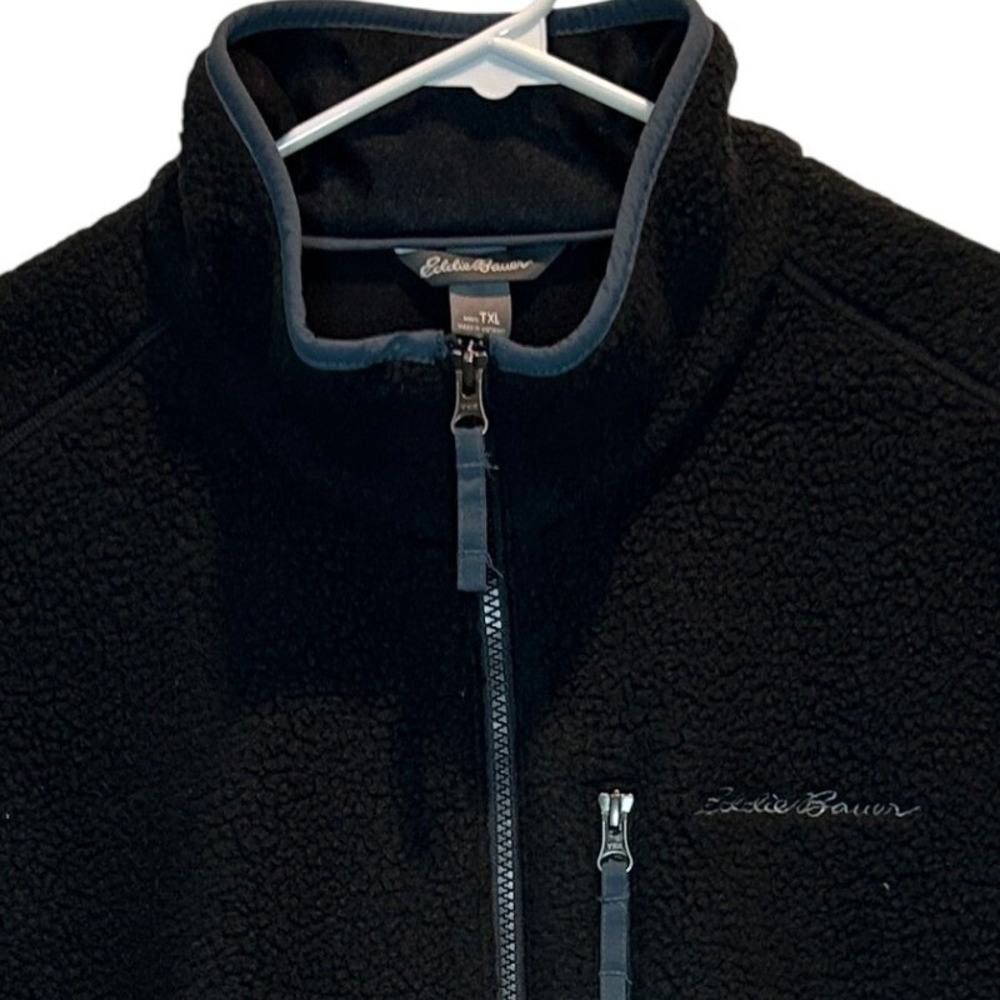 Eddie Bauer Fleece Vest XL Tall Mens Black Full Zip Sherpa Mock Neck Pocket